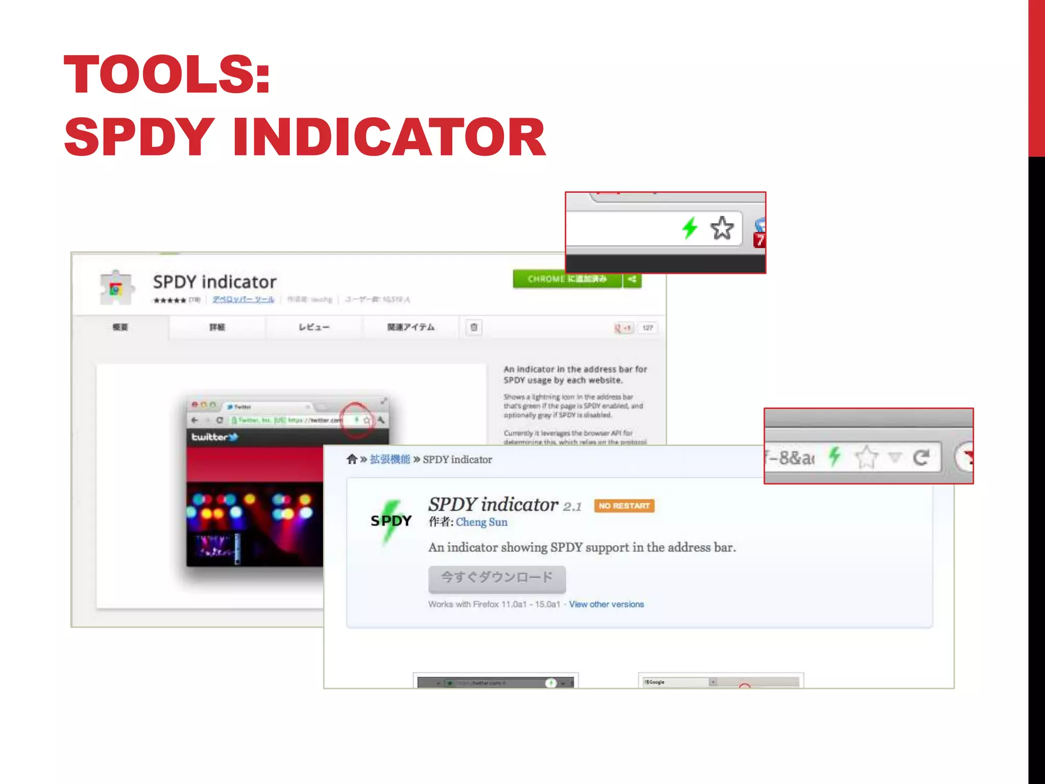 STUDY FROM
CURRENT PRACTICE

Google map’s image is transported by
another SPDY connection.


Twitter doesn’t use SPDY for user’s icon
transaction.



“with research, Find best practice”
 