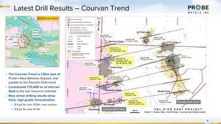 11
Latest Drill Results – Courvan Trend
▷ The Courvan Trend is 1.5km east of
Probe’s New Beliveau Deposit, and
parallel to the Pascalis Gold trend
▷ Contributed 773,400 oz of inferred
Gold to the last resource estimate
▷ New winter drilling results show
thick, high-grade mineralization
▷ 8.9 g/t Au over 10.8m, near surface
▷ 6.8 g/t Au over 14.0m
 