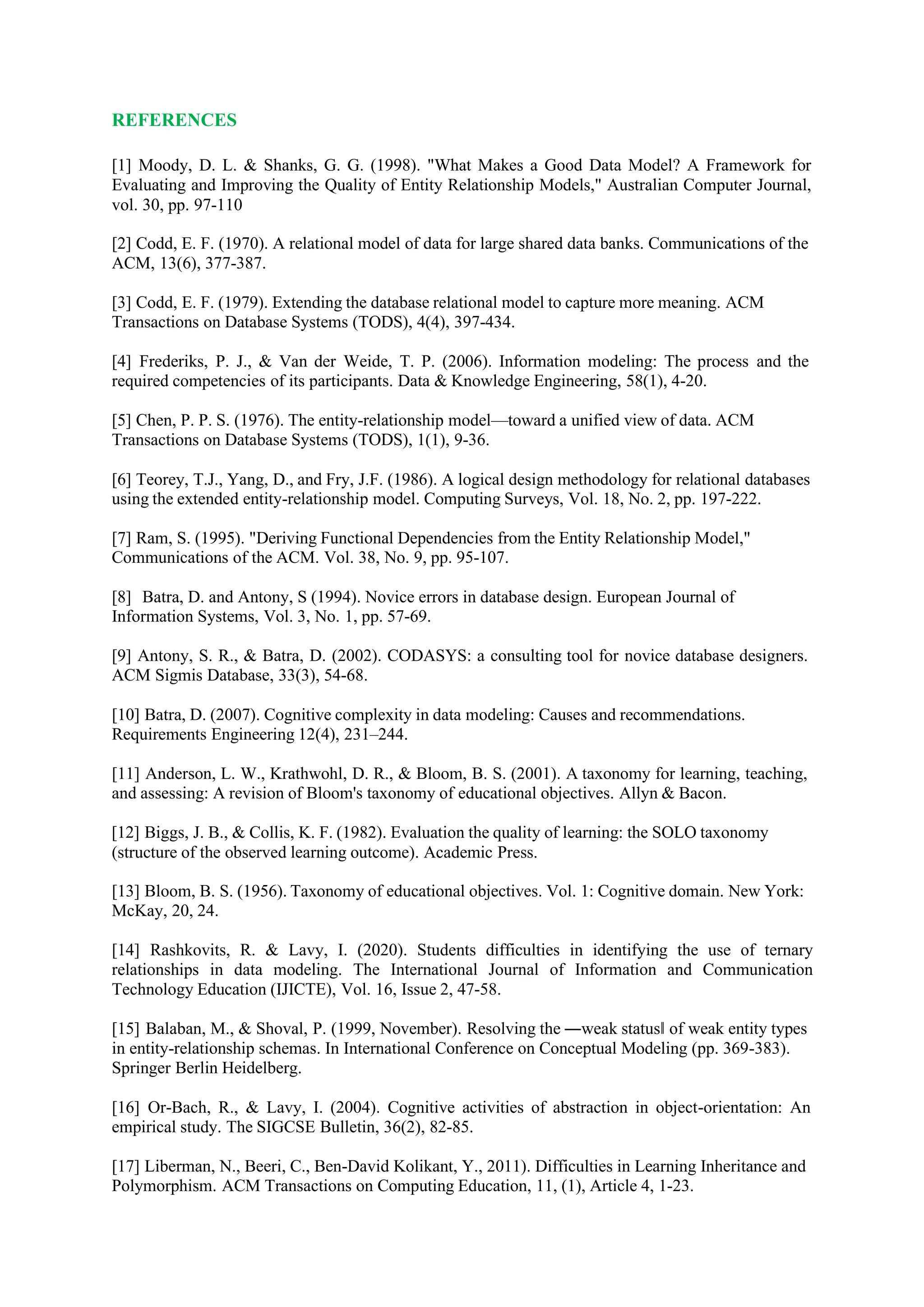 REFERENCES
[1] Moody, D. L. & Shanks, G. G. (1998). "What Makes a Good Data Model? A Framework for
Evaluating and Improving the Quality of Entity Relationship Models," Australian Computer Journal,
vol. 30, pp. 97-110
[2] Codd, E. F. (1970). A relational model of data for large shared data banks. Communications of the
ACM, 13(6), 377-387.
[3] Codd, E. F. (1979). Extending the database relational model to capture more meaning. ACM
Transactions on Database Systems (TODS), 4(4), 397-434.
[4] Frederiks, P. J., & Van der Weide, T. P. (2006). Information modeling: The process and the
required competencies of its participants. Data & Knowledge Engineering, 58(1), 4-20.
[5] Chen, P. P. S. (1976). The entity-relationship model—toward a unified view of data. ACM
Transactions on Database Systems (TODS), 1(1), 9-36.
[6] Teorey, T.J., Yang, D., and Fry, J.F. (1986). A logical design methodology for relational databases
using the extended entity-relationship model. Computing Surveys, Vol. 18, No. 2, pp. 197-222.
[7] Ram, S. (1995). "Deriving Functional Dependencies from the Entity Relationship Model,"
Communications of the ACM. Vol. 38, No. 9, pp. 95-107.
[8] Batra, D. and Antony, S (1994). Novice errors in database design. European Journal of
Information Systems, Vol. 3, No. 1, pp. 57-69.
[9] Antony, S. R., & Batra, D. (2002). CODASYS: a consulting tool for novice database designers.
ACM Sigmis Database, 33(3), 54-68.
[10] Batra, D. (2007). Cognitive complexity in data modeling: Causes and recommendations.
Requirements Engineering 12(4), 231–244.
[11] Anderson, L. W., Krathwohl, D. R., & Bloom, B. S. (2001). A taxonomy for learning, teaching,
and assessing: A revision of Bloom's taxonomy of educational objectives. Allyn & Bacon.
[12] Biggs, J. B., & Collis, K. F. (1982). Evaluation the quality of learning: the SOLO taxonomy
(structure of the observed learning outcome). Academic Press.
[13] Bloom, B. S. (1956). Taxonomy of educational objectives. Vol. 1: Cognitive domain. New York:
McKay, 20, 24.
[14] Rashkovits, R. & Lavy, I. (2020). Students difficulties in identifying the use of ternary
relationships in data modeling. The International Journal of Information and Communication
Technology Education (IJICTE), Vol. 16, Issue 2, 47-58.
[15] Balaban, M., & Shoval, P. (1999, November). Resolving the ―weak status‖ of weak entity types
in entity-relationship schemas. In International Conference on Conceptual Modeling (pp. 369-383).
Springer Berlin Heidelberg.
[16] Or-Bach, R., & Lavy, I. (2004). Cognitive activities of abstraction in object-orientation: An
empirical study. The SIGCSE Bulletin, 36(2), 82-85.
[17] Liberman, N., Beeri, C., Ben-David Kolikant, Y., 2011). Difficulties in Learning Inheritance and
Polymorphism. ACM Transactions on Computing Education, 11, (1), Article 4, 1-23.
 