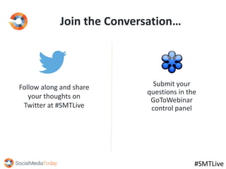 Join the Conversation…
Follow along and share
your thoughts on
Twitter at #SMTLive
Submit your
questions in the
GoToWebinar
control panel
#SMTLive
 