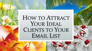 HOW TO ATTRACT
YOUR IDEAL
CLIENTS TO YOUR
EMAIL LIST
 