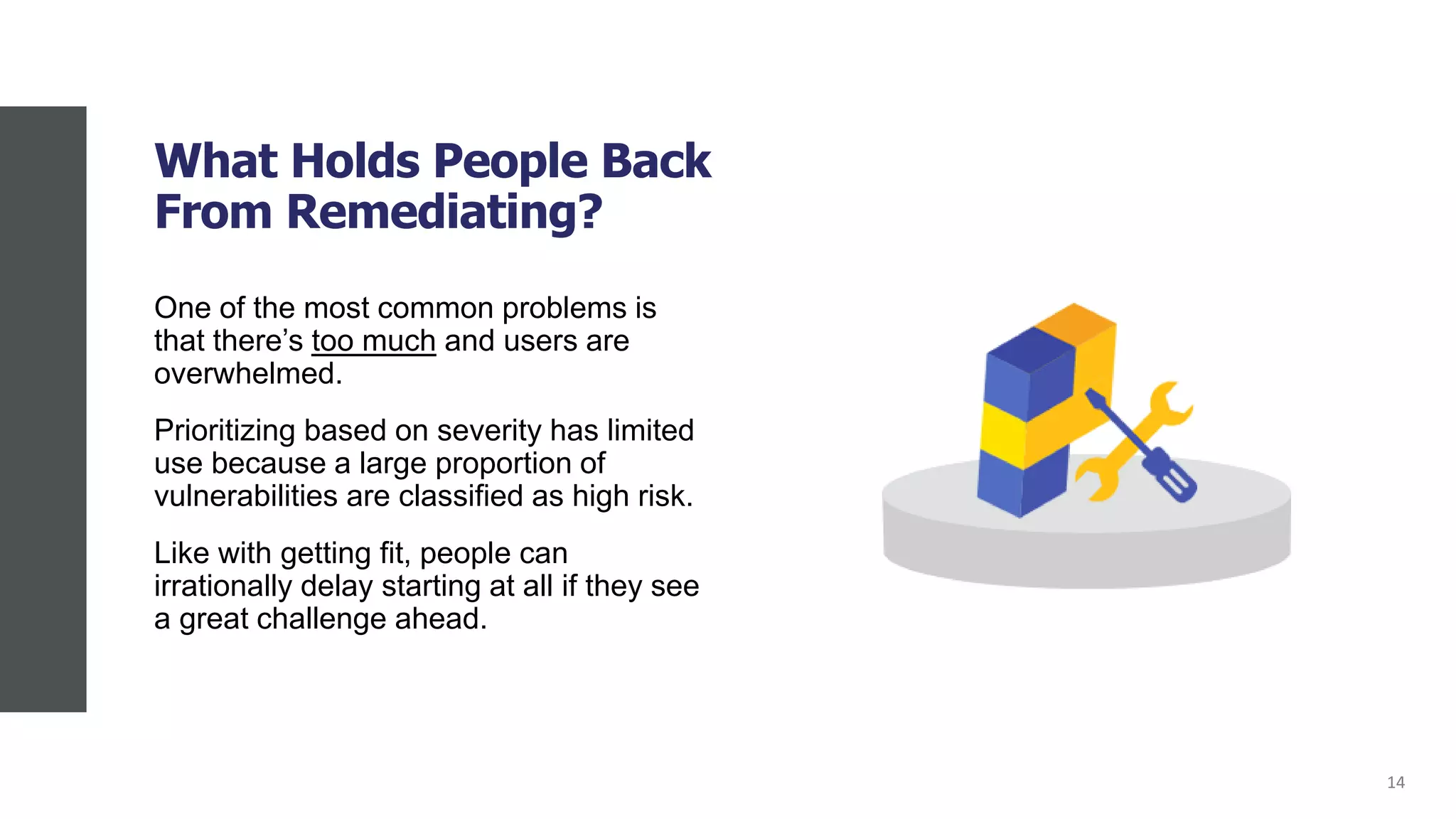What Holds People Back
From Remediating?
One of the most common problems is
that there’s too much and users are
overwhelmed.
Prioritizing based on severity has limited
use because a large proportion of
vulnerabilities are classified as high risk.
Like with getting fit, people can
irrationally delay starting at all if they see
a great challenge ahead.
14
 