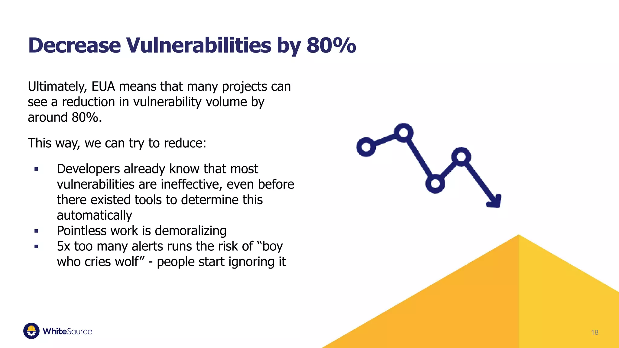 Ultimately, EUA means that many projects can
see a reduction in vulnerability volume by
around 80%.
This way, we can try to reduce:
▪ Developers already know that most
vulnerabilities are ineffective, even before
there existed tools to determine this
automatically
▪ Pointless work is demoralizing
▪ 5x too many alerts runs the risk of “boy
who cries wolf” - people start ignoring it
18
Decrease Vulnerabilities by 80%
 