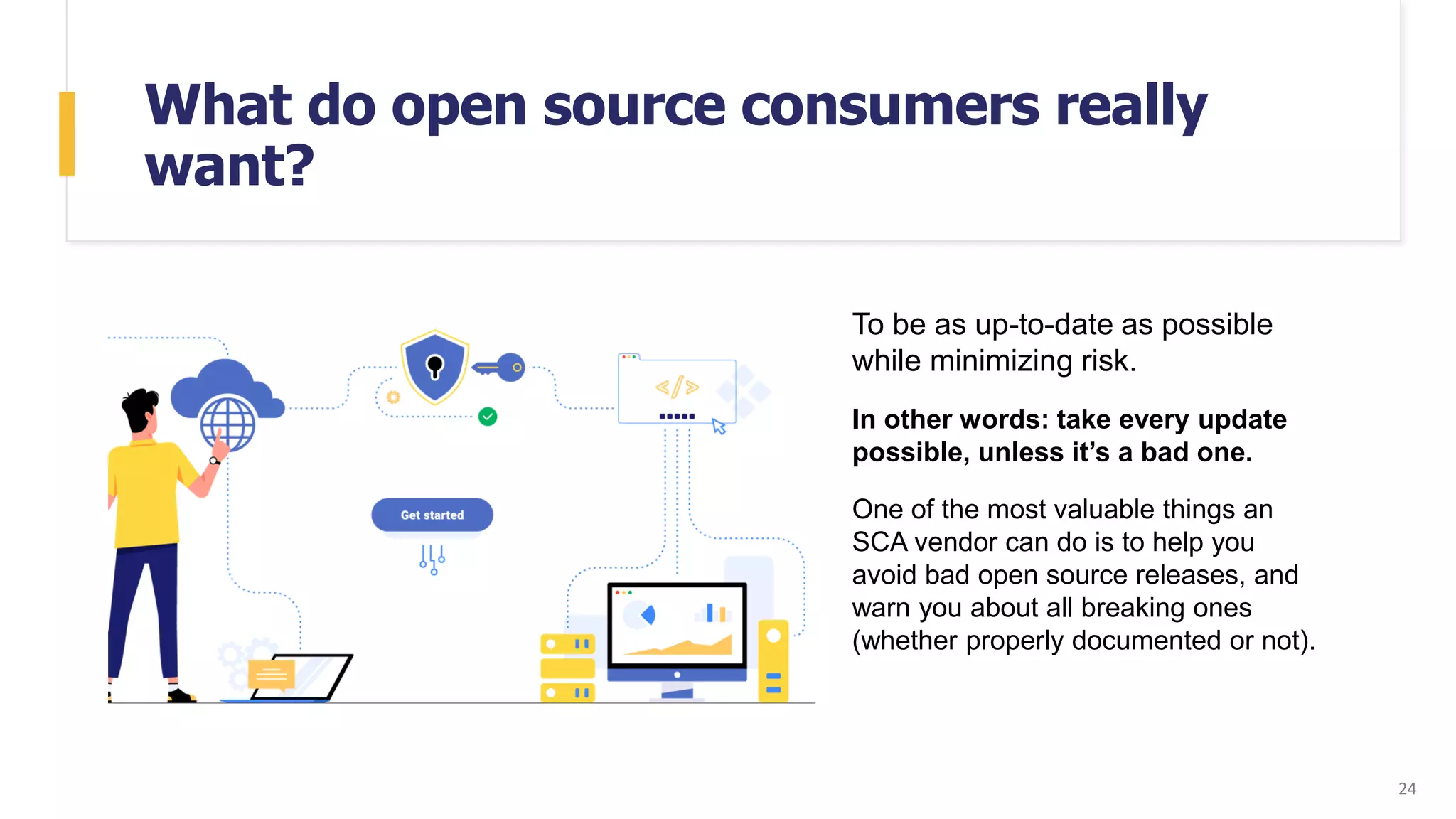 What do open source consumers really
want?
To be as up-to-date as possible
while minimizing risk.
In other words: take every update
possible, unless it’s a bad one.
One of the most valuable things an
SCA vendor can do is to help you
avoid bad open source releases, and
warn you about all breaking ones
(whether properly documented or not).
24
 