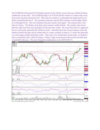 The NASDAQ 100 gained 20.25 handles (points) in the Friday session leaving a bullish looking
candlestick on the chart. The NASDAQ high is at 4739.50 and the market is a robust rally away
from removing that resistance level. That said, the market is overbought and might need to rest
before assaulting that level. The stochastic indicator and the RSI continue to point higher albeit
at overbought levels. Our own indicators has just issued a sell-signal. The concern here is the
lack of volume. The Heikin-Ashi daily chart remains solidly bullish. The weekly chart shows
that this index has been moving higher for the past four weeks. Be aware that when we approach
the six week mark, generally the market reverses. Naturally there have been instances when the
market actually has gone up for longer than six weeks, actually as long as 13 weeks but generally
six is the magic number that halts a rally. That said, if we should take out the high, we might be
able to extend the rally a little bit longer. Friday’s high was printed at about noon and after that,
a stead drift sideways. The most frequently traded prices were 4659-4659.75.
 