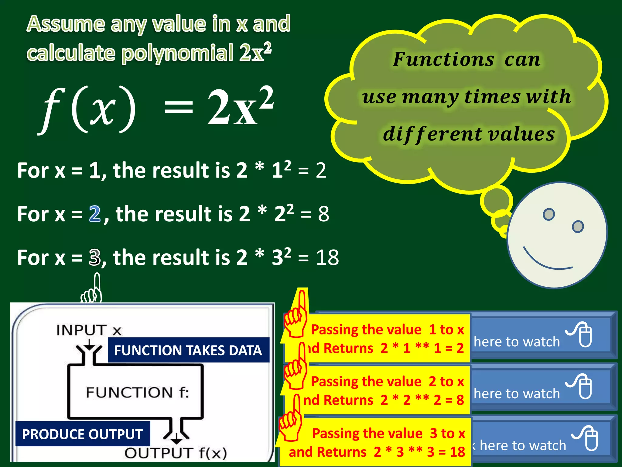 For x = , the result is 2 * 12 = 2 For x = , the result is 2 * 22 = 8 For x = , the result is 2 * 32 = 18 𝑓 𝑥 = 2x2  Click here to watch  Click here to watch  Click here to watch  Passing the value 1 to x and Returns 2 * 1 ** 1 = 2  Passing the value 2 to x and Returns 2 * 2 ** 2 = 8  Passing the value 3 to x and Returns 2 * 3 ** 3 = 18  𝑭𝒖𝒏𝒄𝒕𝒊𝒐𝒏𝒔 𝒄𝒂𝒏 𝒖𝒔𝒆 𝒎𝒂𝒏𝒚 𝒕𝒊𝒎𝒆𝒔 𝒘𝒊𝒕𝒉 𝒅𝒊𝒇𝒇𝒆𝒓𝒆𝒏𝒕 𝒗𝒂𝒍𝒖𝒆𝒔 FUNCTION TAKES DATA PRODUCE OUTPUT 