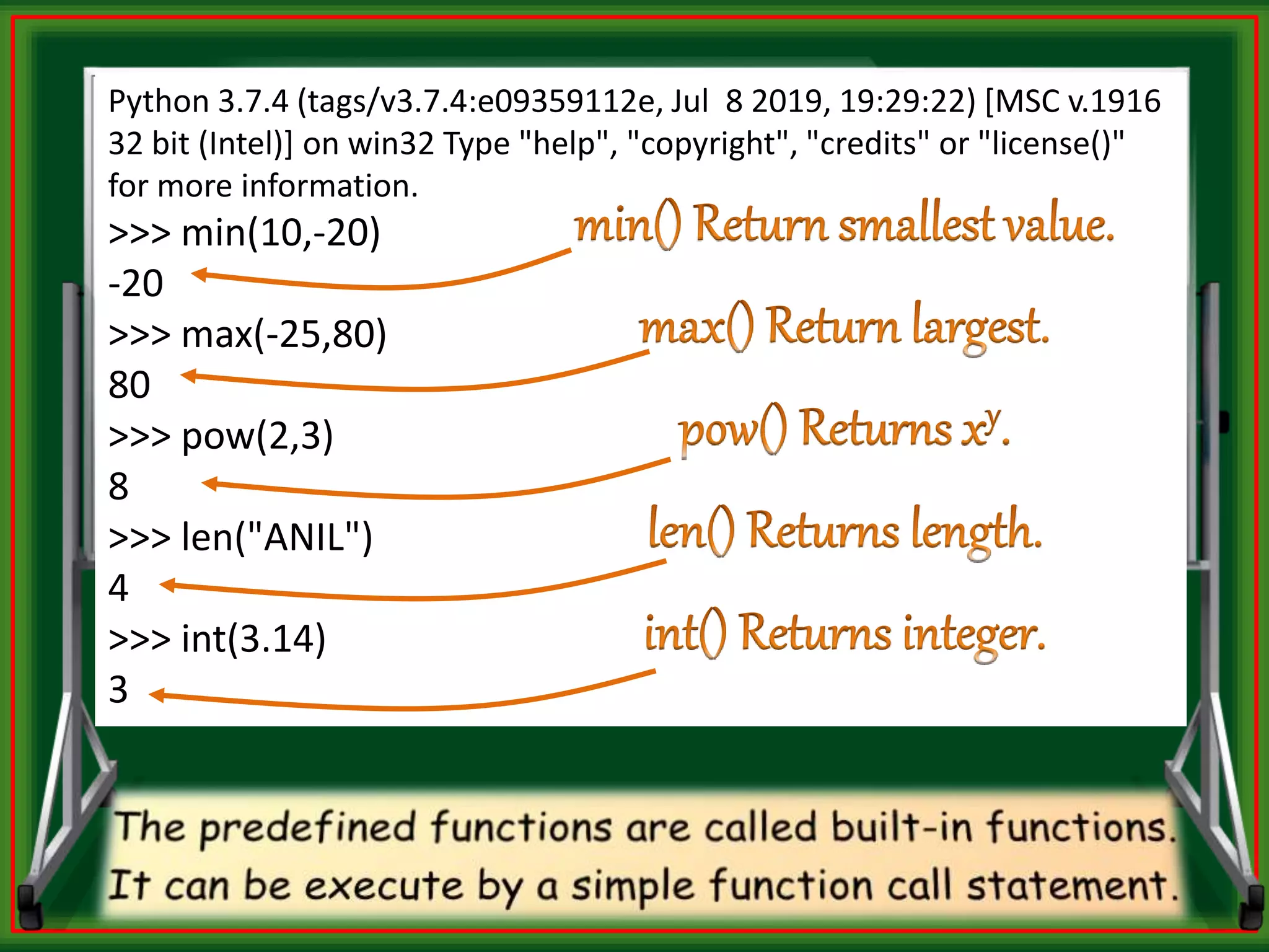 Python 3.7.4 (tags/v3.7.4:e09359112e, Jul 8 2019, 19:29:22) [MSC v.1916 32 bit (Intel)] on win32 Type "help", "copyright", "credits" or "license()" for more information. >>> min(10,-20) -20 >>> max(-25,80) 80 >>> pow(2,3) 8 >>> len("ANIL") 4 >>> int(3.14) 3 
