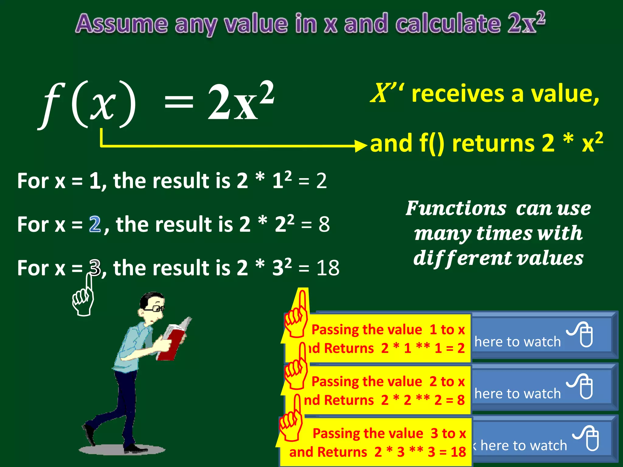 For x = , the result is 2 * 12 = 2 For x = , the result is 2 * 22 = 8 For x = , the result is 2 * 32 = 18 𝑓 𝑥 = 2x2 𝑭𝒖𝒏𝒄𝒕𝒊𝒐𝒏𝒔 𝒄𝒂𝒏 𝒖𝒔𝒆 𝒎𝒂𝒏𝒚 𝒕𝒊𝒎𝒆𝒔 𝒘𝒊𝒕𝒉 𝒅𝒊𝒇𝒇𝒆𝒓𝒆𝒏𝒕 𝒗𝒂𝒍𝒖𝒆𝒔  Click here to watch  Click here to watch  Click here to watch  Passing the value 1 to x and Returns 2 * 1 ** 1 = 2  Passing the value 2 to x and Returns 2 * 2 ** 2 = 8  Passing the value 3 to x and Returns 2 * 3 ** 3 = 18  X’ ‘ receives a value, and f() returns 2 * x2 