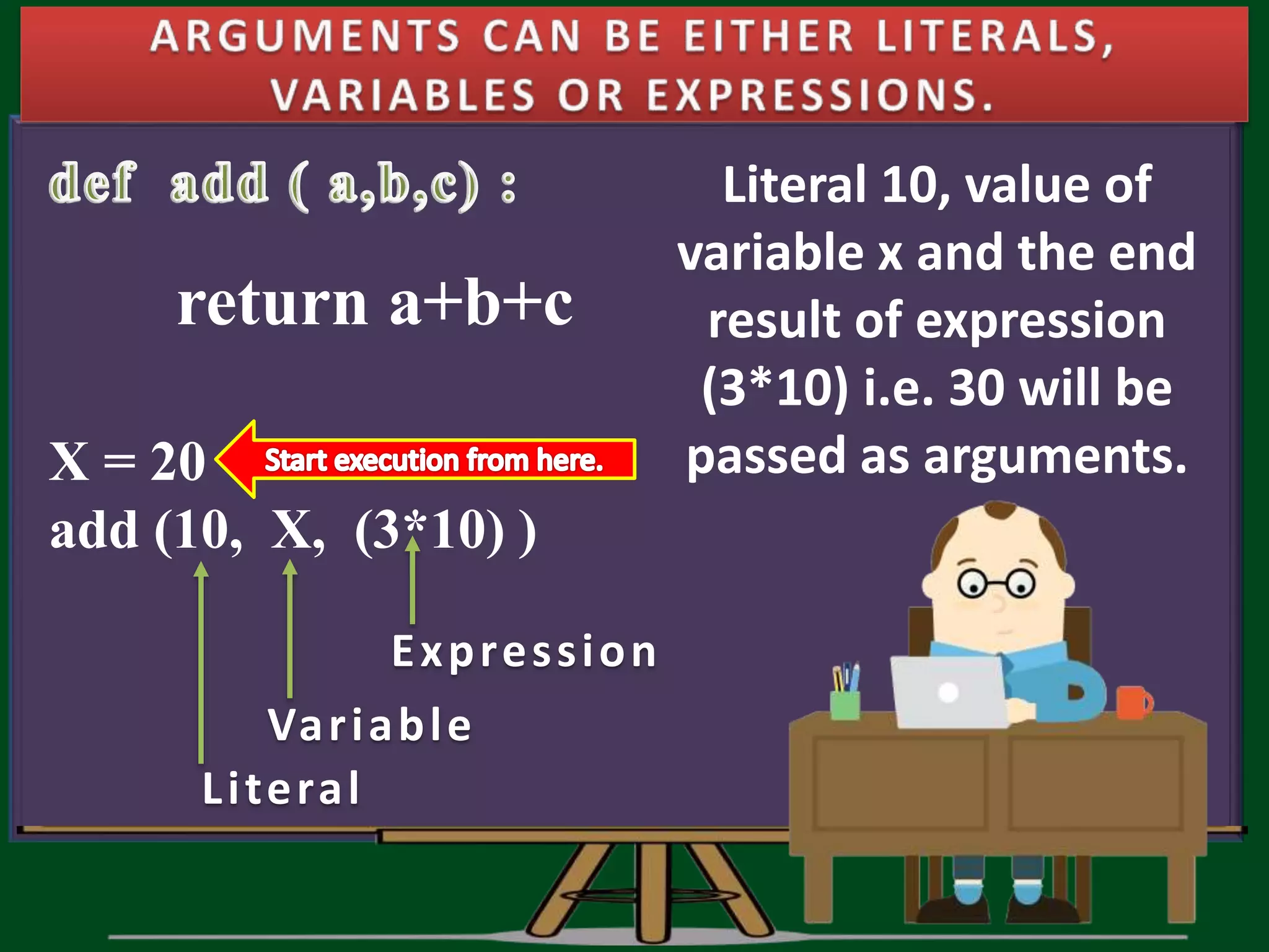 return a+b+c X = 20 add (10, X, (3*10) ) Literal Variable Expression Literal 10, value of variable x and the end result of expression (3*10) i.e. 30 will be passed as arguments. 