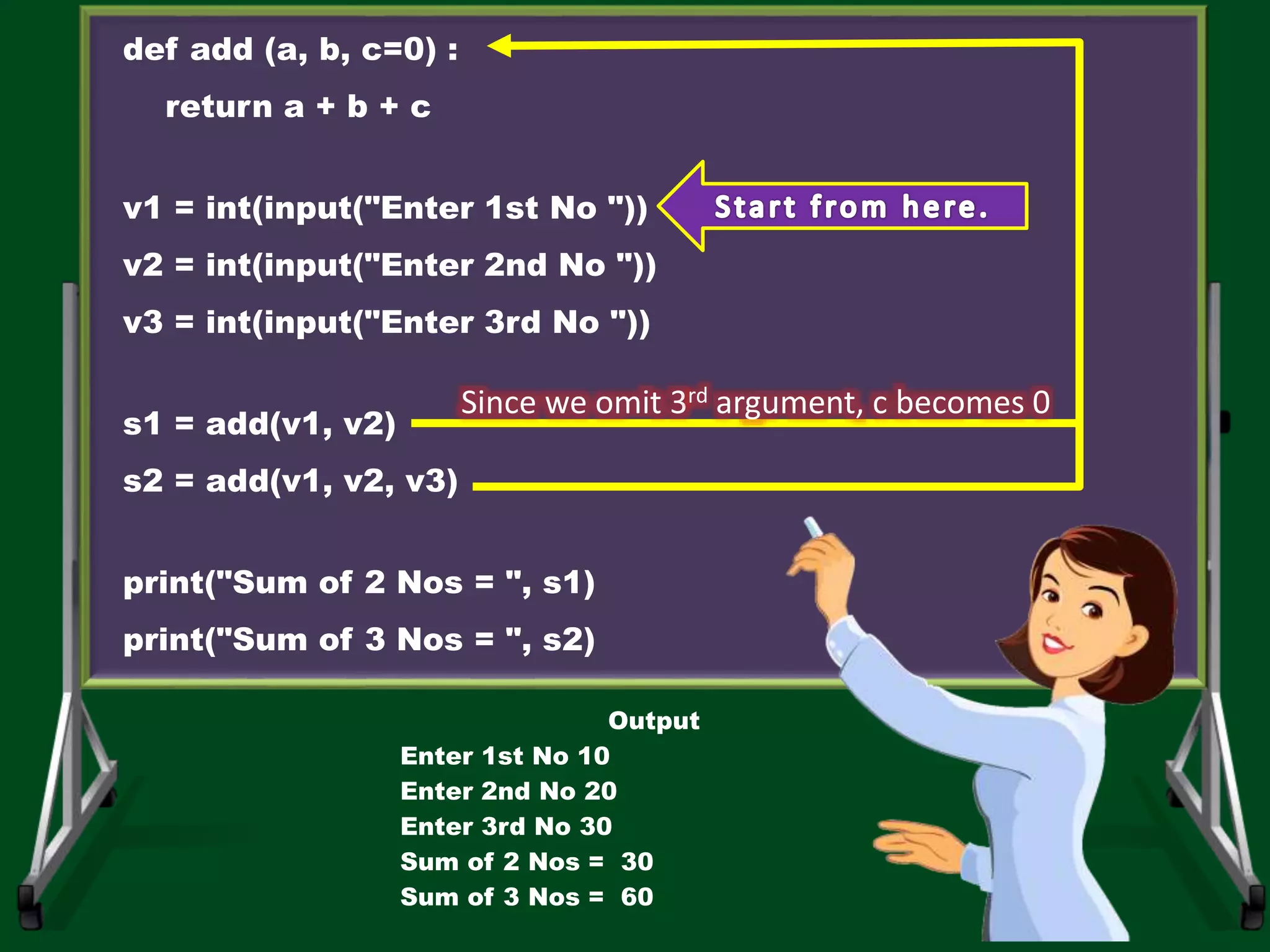 def add (a, b, c=0) : return a + b + c v1 = int(input("Enter 1st No ")) v2 = int(input("Enter 2nd No ")) v3 = int(input("Enter 3rd No ")) s1 = add(v1, v2) s2 = add(v1, v2, v3) print("Sum of 2 Nos = ", s1) print("Sum of 3 Nos = ", s2) Output Enter 1st No 10 Enter 2nd No 20 Enter 3rd No 30 Sum of 2 Nos = 30 Sum of 3 Nos = 60 Since we omit 3rd argument, c becomes 0 