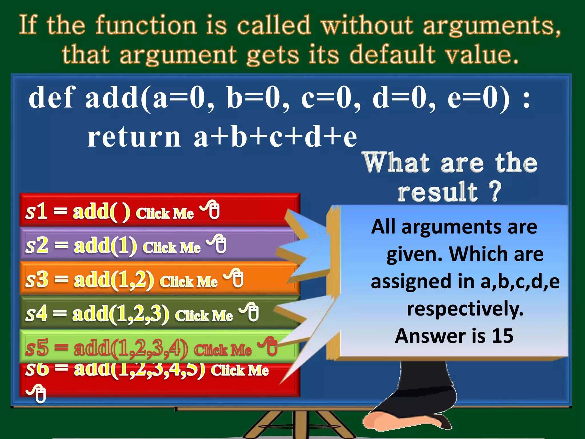def add(a=0, b=0, c=0, d=0, e=0) : return a+b+c+d+e No arguments given. a,b,c,d,e becomes 0 Answer is 0 One value given, that will be assigned in ‘a’. Remaining b,c,d,e becomes 0 Answer is 1 Two values given, which will be assigned in ‘a’ and b. Remaining c,d,e becomes 0 Answer is 3 Three values given, which are assigned in a,b and c. Remaining d,e becomes 0. Answer is 6 Four values given, which are assigned in a,b and c. Remaining d,e becomes 0. Answer is 10 All arguments are given. Which are assigned in a,b,c,d,e respectively. Answer is 15 