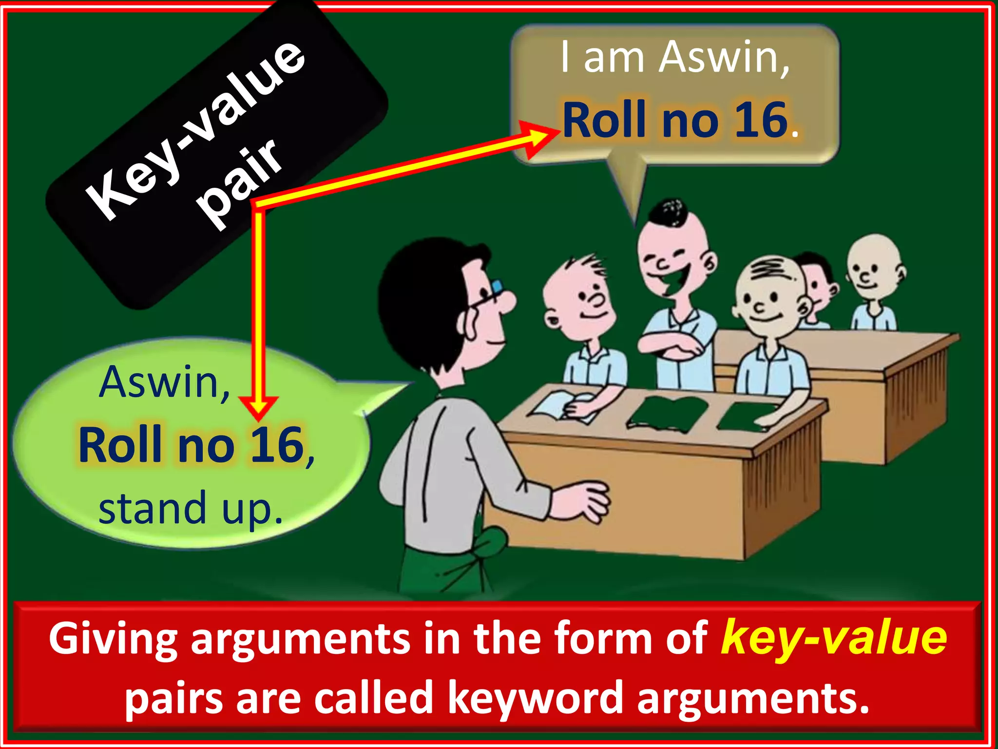 Aswin, Roll no 16, stand up. I am Aswin, Roll no 16. Giving arguments in the form of key-value pairs are called keyword arguments. 