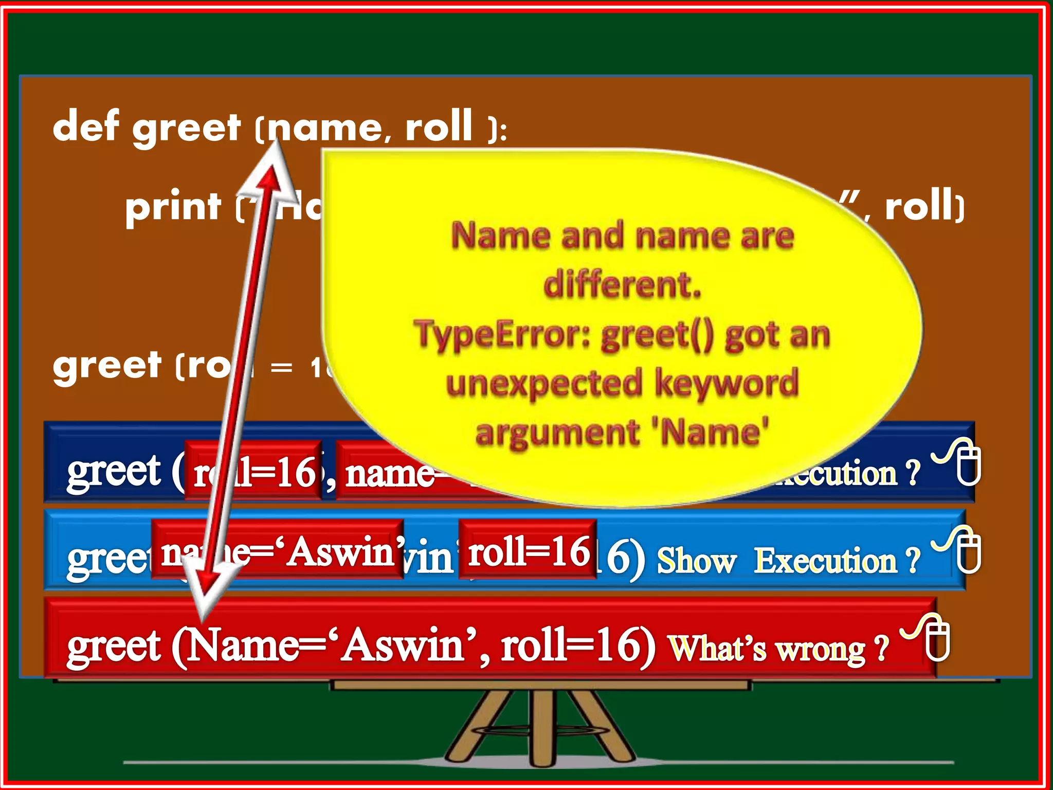 def greet (name, roll ): print (“Hai“,name,“Your Roll No is”, roll) greet (roll = 16, name = “Aswin”) 