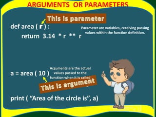 ARGUMENTS OR PARAMETERS
def area ( r ) :
return 3.14 * r ** r
a = area ( 10 )
print ( “Area of the circle is”, a)
Arguments are the actual
values passed to the
function when it is called
Parameter are variables, receiving passing
values within the function definition.
 