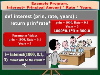 Example Program.
Interest= Principal Amount * Rate * Years.
prin = 1000, Rate = 0.1
Years = 3
Parameter Values
prin = 1000, Rate = 0.1
Years = 3
 