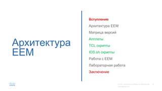 Архитектура
EEM
Вступление
Архитектура EEM
Матрица версий
Апплеты
TCL скрипты
IOS.sh скрипты
Работа с EEM
Лабораторная работа
Заключение
 