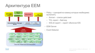 • Policy – сценарий из команд которые необходимо
выполнить
• Апплет – список действий
• TCL скрипт - байткод
• IOS.sh скрипт – скрипт оболочки IOS
• EEM Server
• Event Detector
Архитектура EEM
 