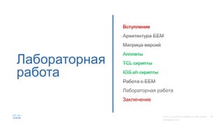 Лабораторная
работа
Вступление
Архитектура EEM
Матрица версий
Апплеты
TCL скрипты
IOS.sh скрипты
Работа с EEM
Лабораторная работа
Заключение
 