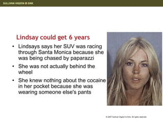 Lindsay could get 6 years Lindsays says her SUV was racing through Santa Monica because she was being chased by paparazzi She was not actually behind the wheel  She knew nothing about the cocaine in her pocket because she was wearing someone else's pants 