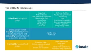 The GDQS 25 food groups
16 healthy scoring food
groups
Legumes
Nuts and seeds
Dark green leafy vegetables
Deep orange frui...