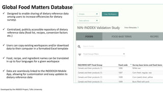 Global Food Matters Database
 Designed to enable sharing of dietary reference data
among users to increase efficiencies f...