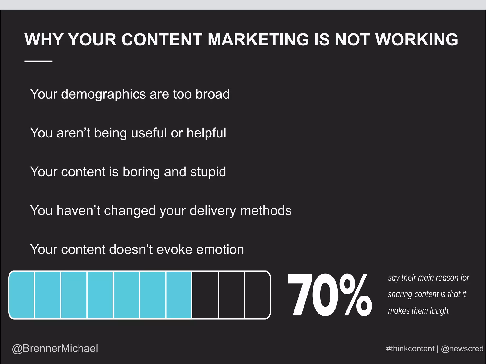 WHY YOUR CONTENT MARKETING IS NOT WORKING
Your demographics are too broad
You aren’t being useful or helpful
Your content is boring and stupid
You haven’t changed your delivery methods
Your content doesn’t evoke emotion
 