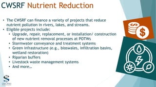 CWSRF Nutrient Reduction
• The CWSRF can finance a variety of projects that reduce
nutrient pollution in rivers, lakes, and streams.
• Eligible projects include:
• Upgrade, repair, replacement, or installation/ construction
of new nutrient removal processes at POTWs
• Stormwater conveyance and treatment systems
• Green infrastructure (e.g., bioswales, infiltration basins,
wetland restoration)
• Riparian buffers
• Livestock waste management systems
• And more…
 
