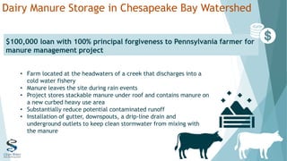 Dairy Manure Storage in Chesapeake Bay Watershed
$100,000 loan with 100% principal forgiveness to Pennsylvania farmer for
manure management project
• Farm located at the headwaters of a creek that discharges into a
cold water fishery
• Manure leaves the site during rain events
• Project stores stackable manure under roof and contains manure on
a new curbed heavy use area
• Substantially reduce potential contaminated runoff
• Installation of gutter, downspouts, a drip-line drain and
underground outlets to keep clean stormwater from mixing with
the manure
 