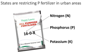 States are restricting P fertilizer in urban areas
Nitrogen (N)
Phosphorus (P)
Potassium (K)
 