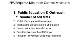 EPA Required Minimum Control Measures
1. Public Education & Outreach
 Number of soil tests
2. Public Participation/Involv...