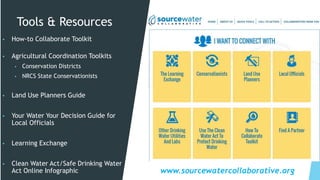 Tools & Resources
▪ How-to Collaborate Toolkit
▪ Agricultural Coordination Toolkits
▪ Conservation Districts
▪ NRCS State Conservationists
▪ Land Use Planners Guide
▪ Your Water Your Decision Guide for
Local Officials
▪ Learning Exchange
▪ Clean Water Act/Safe Drinking Water
Act Online Infographic www.sourcewatercollaborative.org
 