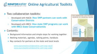 Online Agricultural Toolkits
 Two collaboration toolkits:
1. Developed with NACD: How SWP partners can work with
Conservation Districts
2. Developed with NRCS: How state SWP programs can work
with NRCS State Conservationists
 Contents:
 Background information and simple steps for working together
 Meeting materials, agendas, talking points, handouts
 Key contacts for partners at the state and local levels
www.sourcewatercollaborative.com/swp-nacd/
www.sourcewatercollaborative.com/swp-usda/
 