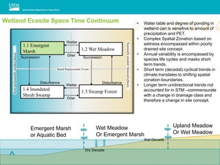 1.1 Emergent
Marsh
1.4 Inundated
Shrub Swamp
1.2 Wet Meadow
1.3 Swamp Forest
Semi-permanentlypondedphases
Stand Replacement Event
Seasonallyponded/Saturatedphases
Drier
Wetter
Disturbance
Succession
• Water table and degree of ponding in
wetland can is sensitive to amount of
precipitation and PET.
• Complex Spatial Zonation based on
wetness encompassed within poorly
drained site concept.
• Annual variability is encompassed by
species life cycles and masks short
term trends.
• Short term (decadal) cyclical trends in
climate translates to shifting spatial
zonation boundaries.
• Longer term unidirectional trends not
accounted for in STM –commensurate
with a change in drainage class and
therefore a change in site concept.
Wetland Ecosite Space Time Continuum
Upland Meadow
Or Wet Meadow
Wet Meadow
Or Emergent Marsh
Emergent Marsh
or Aquatic Bed
Wet Decade
Dry Decade
Drier
Wetter
Disturbance
Succession
 