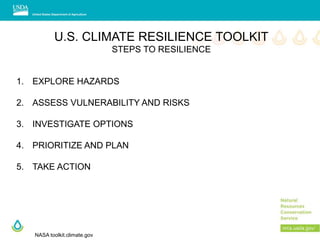U.S. CLIMATE RESILIENCE TOOLKIT
STEPS TO RESILIENCE
1. EXPLORE HAZARDS
2. ASSESS VULNERABILITY AND RISKS
3. INVESTIGATE OPTIONS
4. PRIORITIZE AND PLAN
5. TAKE ACTION
NASA toolkit.climate.gov
 