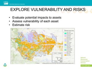 EXPLORE VULNERABILITY AND RISKS
• Evaluate potential impacts to assets
• Assess vulnerability of each asset
• Estimate risk
 