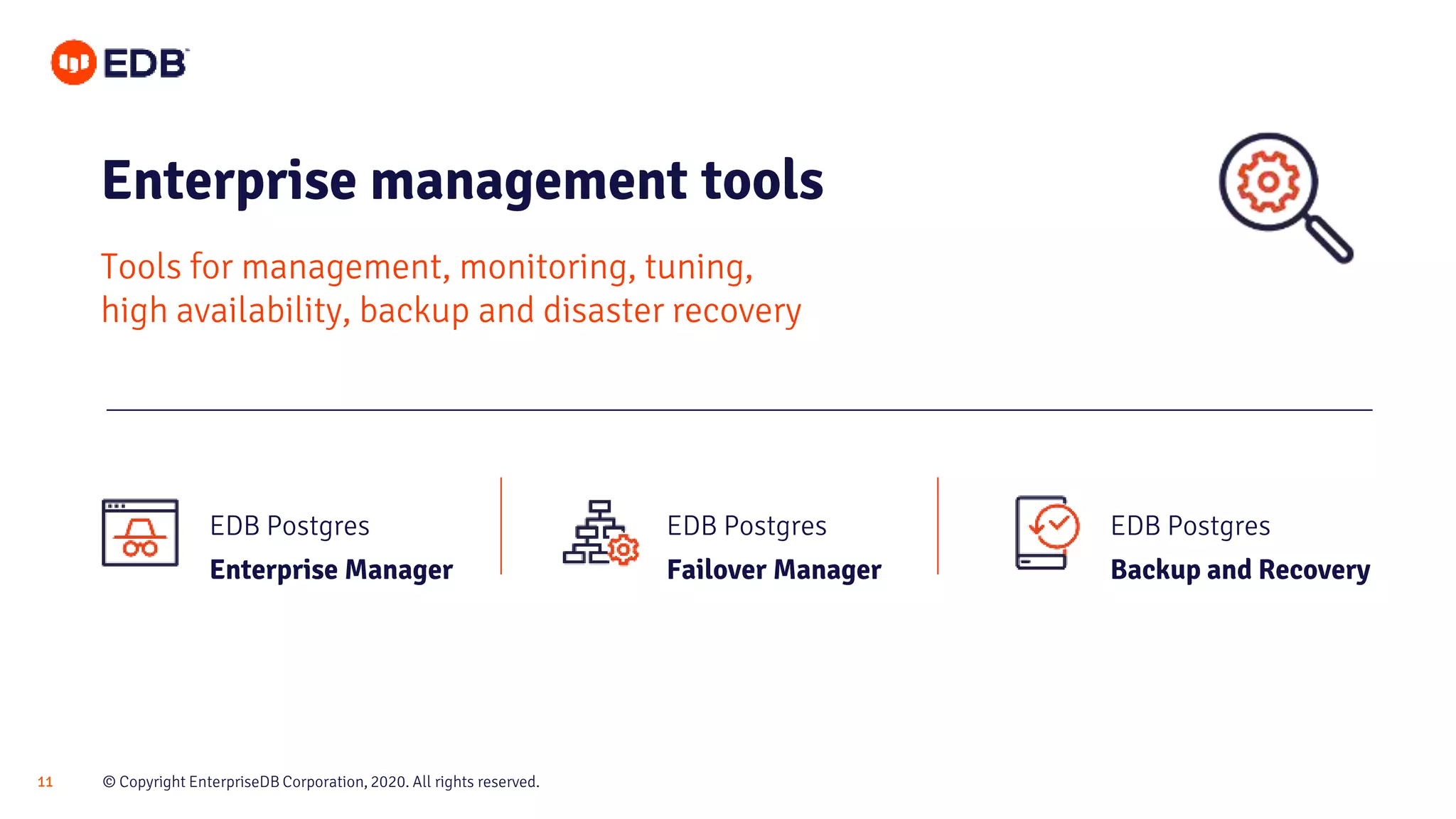 © Copyright EnterpriseDB Corporation, 2020. All rights reserved.11
Enterprise management tools
Tools for management, monitoring, tuning,
high availability, backup and disaster recovery
EDB Postgres
Enterprise Manager
EDB Postgres
Failover Manager
EDB Postgres
Backup and Recovery
 
