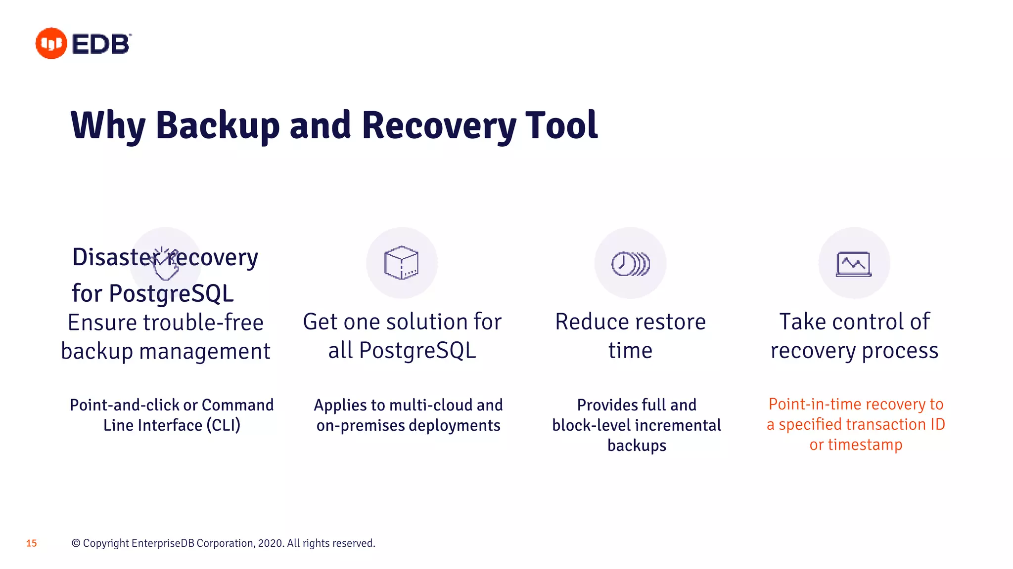 © Copyright EnterpriseDB Corporation, 2020. All rights reserved.15
Ensure trouble-free
backup management
Get one solution for
all PostgreSQL
Reduce restore
time
Take control of
recovery process
Why Backup and Recovery Tool
Disaster recovery
for PostgreSQL
Point-and-click or Command
Line Interface (CLI)
Applies to multi-cloud and
on-premises deployments
Provides full and
block-level incremental
backups
Point-in-time recovery to
a specified transaction ID
or timestamp
 