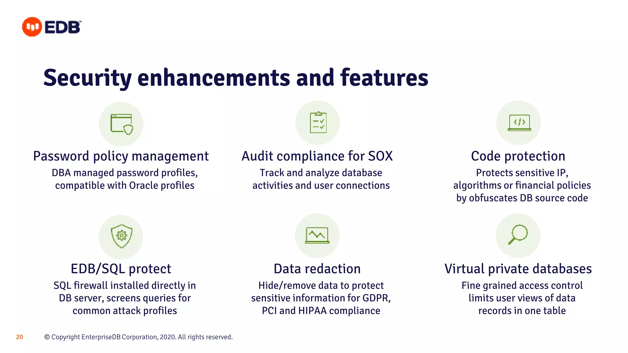 © Copyright EnterpriseDB Corporation, 2020. All rights reserved.20
Security enhancements and features
DBA managed password profiles,
compatible with Oracle profiles
Track and analyze database
activities and user connections
Protects sensitive IP,
algorithms or financial policies
by obfuscates DB source code
Fine grained access control
limits user views of data
records in one table
SQL firewall installed directly in
DB server, screens queries for
common attack profiles
Hide/remove data to protect
sensitive information for GDPR,
PCI and HIPAA compliance
Password policy management Audit compliance for SOX Code protection
Virtual private databasesData redactionEDB/SQL protect
 