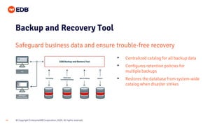 © Copyright EnterpriseDB Corporation, 2020. All rights reserved.14
Backup and Recovery Tool
Safeguard business data and ensure trouble-free recovery
• Centralized catalog for all backup data
• Configures retention policies for
multiple backups
• Restores the database from system-wide
catalog when disaster strikes
 