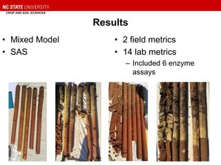 Results
• Mixed Model
• SAS
• 2 field metrics
• 14 lab metrics
– Included 6 enzyme
assays
11
 