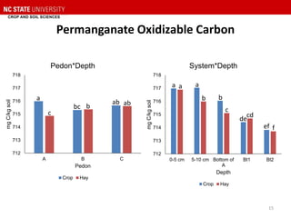 712
713
714
715
716
717
718
0-5 cm 5-10 cm Bottom of
A
Bt1 Bt2
mgC/kgsoil
Depth
System*Depth
Crop Hay
Permanganate Oxidizable Carbon
712
713
714
715
716
717
718
A B C
mgC/kgsoil
Pedon
Pedon*Depth
Crop Hay
a
c
b
ab ab
bc
15
aa a
b b
c
de
cd
ef f
 