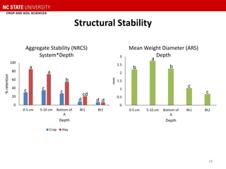 Structural Stability
0
20
40
60
80
100
0-5 cm 5-10 cm Bottom of
A
Bt1 Bt2
%retention
Depth
Aggregate Stability (NRCS)
System*Depth
Crop Hay
a
a
b
cc c cd
d d d
18
0
0.5
1
1.5
2
2.5
3
0-5 cm 5-10 cm Bottom of
A
Bt1 Bt2
mm
Depth
Mean Weight Diameter (ARS)
Depth
b
a
b
c
c
 