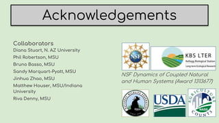 Acknowledgements
Collaborators
Diana Stuart, N. AZ University
Phil Robertson, MSU
Bruno Basso, MSU
Sandy Marquart-Pyatt, MSU
Jinhua Zhao, MSU
Matthew Houser, MSU/Indiana
University
Riva Denny, MSU
NSF Dynamics of Coupled Natural
and Human Systems (Award 1313677)
 