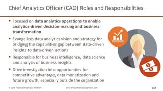 Chief Analytics Officer (CAO) Roles and Responsibilities
 Focused on data analytics operations to enable
analytics-driven decision-making and business
transformation
 Evangelizes data analytics vision and strategy for
bridging the capabilities gap between data-driven
insights to data-driven actions
 Responsible for business intelligence, data science
and analysis of business insights
 Drive investigation into opportunities for
competitive advantage, data monetization and
future growth, especially outside the organization
pg 6© 2018 First San Francisco Partners www.firstsanfranciscopartners.com
 