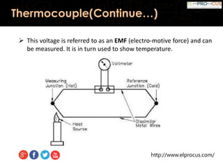 http://www.elprocus.com/
 This voltage is referred to as an EMF (electro-motive force) and can
be measured. It is in turn used to show temperature.
Thermocouple(Continue…)
 