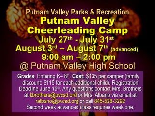 Putnam Valley Parks & RecreationPutnam Valley Parks & Recreation
Putnam ValleyPutnam Valley
Cheerleading CampCheerleading Camp
July 27July 27thth
- July 31- July 31stst
August 3August 3rdrd
– August 7– August 7thth
(advanced)(advanced)
9:00 am – 2:00 pm9:00 am – 2:00 pm
@ Putnam Valley High School@ Putnam Valley High School
GradesGrades: Entering K– 8: Entering K– 8thth
.. Cost:Cost: $135 per camper (family$135 per camper (family
discount: $115 for each additional child). Registrationdiscount: $115 for each additional child). Registration
Deadline June 15Deadline June 15thth
. Any questions contact Mrs. Brothers. Any questions contact Mrs. Brothers
atat kbrothers@pvcsd.ordkbrothers@pvcsd.ord or Mrs. Albano via email ator Mrs. Albano via email at
ralbano@pvcsd.orgralbano@pvcsd.org or callor call 845-528-3292845-528-3292
Second week advanced class requires week one.Second week advanced class requires week one.
 