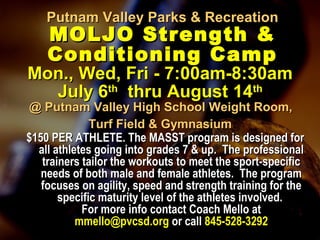 Putnam Valley Parks & RecreationPutnam Valley Parks & Recreation
MOLJO Strength &MOLJO Strength &
Conditioning CampConditioning Camp
Mon., Wed, Fri - 7:00am-8:30amMon., Wed, Fri - 7:00am-8:30am
July 6July 6thth
thru August 14thru August 14thth
@ Putnam Valley High School Weight Room,@ Putnam Valley High School Weight Room,
Turf Field & GymnasiumTurf Field & Gymnasium
$150 PER ATHLETE. The MASST program is designed for$150 PER ATHLETE. The MASST program is designed for
all athletes going into grades 7 & up. The professionalall athletes going into grades 7 & up. The professional
trainers tailor the workouts to meet the sport-specifictrainers tailor the workouts to meet the sport-specific
needs of both male and female athletes. The programneeds of both male and female athletes. The program
focuses on agility, speed and strength training for thefocuses on agility, speed and strength training for the
specific maturity level of the athletes involved.specific maturity level of the athletes involved.
For more info contact Coach Mello atFor more info contact Coach Mello at
mmello@pvcsd.orgmmello@pvcsd.org or callor call 845-528-3292845-528-3292
 