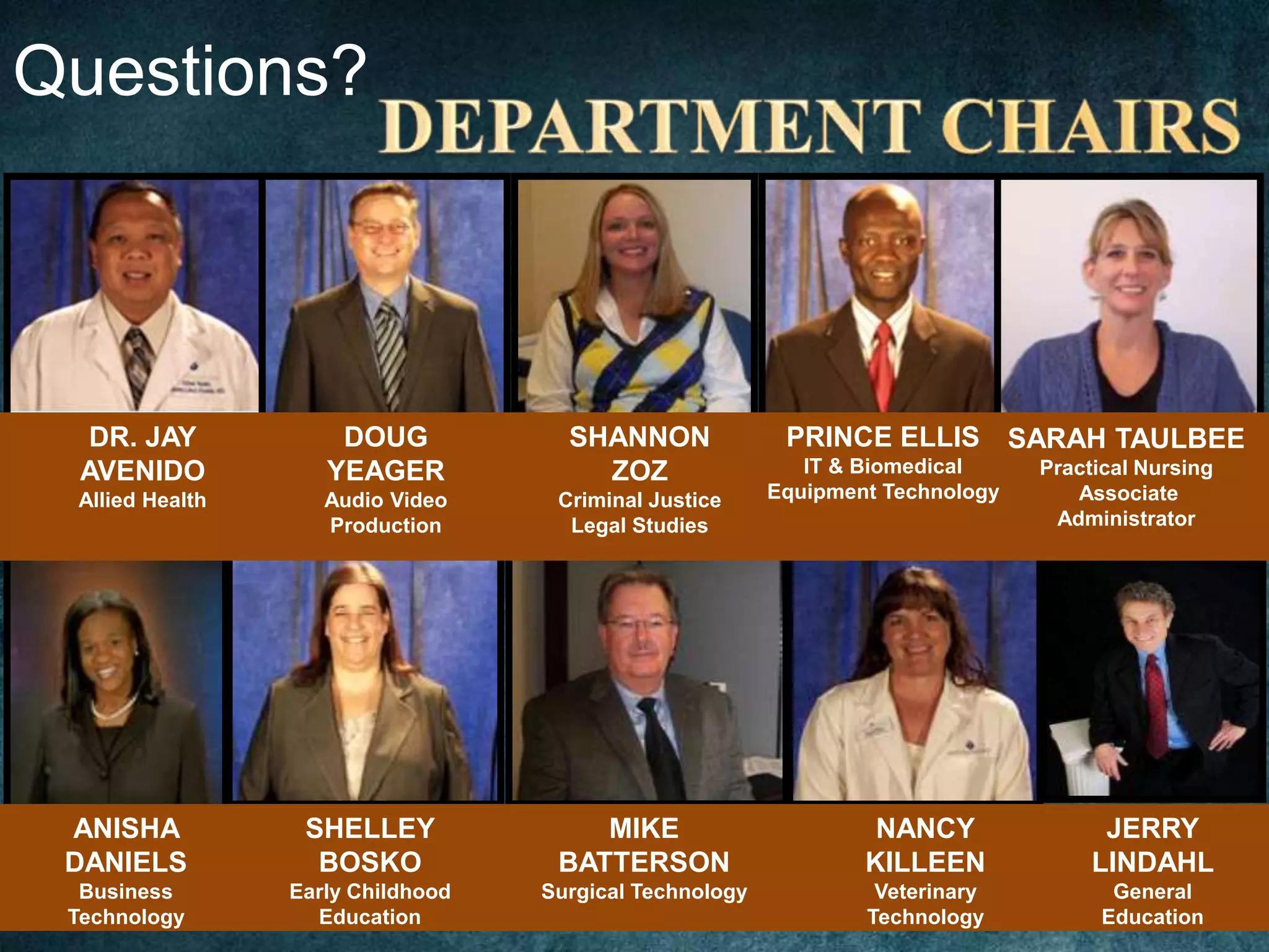 Questions?



   DR. JAY           DOUG            SHANNON              PRINCE ELLIS SARAH TAULBEE
  AVENIDO           YEAGER             ZOZ                  IT & Biomedical     Practical Nursing
 Allied Health      Audio Video     Criminal Justice     Equipment Technology      Associate
                    Production       Legal Studies                               Administrator




 ANISHA           SHELLEY              MIKE                       NANCY               JERRY
 DANIELS           BOSKO            BATTERSON                    KILLEEN             LINDAHL
  Business       Early Childhood   Surgical Technology            Veterinary           General
 Technology        Education                                     Technology           Education
 
