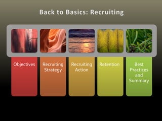 Objectives Recruiting
Strategy
Recruiting
Action
Retention Best
Practices
and
Summary
 