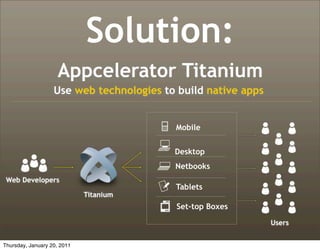 Solution:
                    Appcelerator Titanium
                   Use web technologies to build native apps


                                          Mobile


                                          Desktop
                                          Netbooks
 Web Developers
                                          Tablets
                             Titanium
                                          Set-top Boxes
                                                               Users


Thursday, January 20, 2011
 